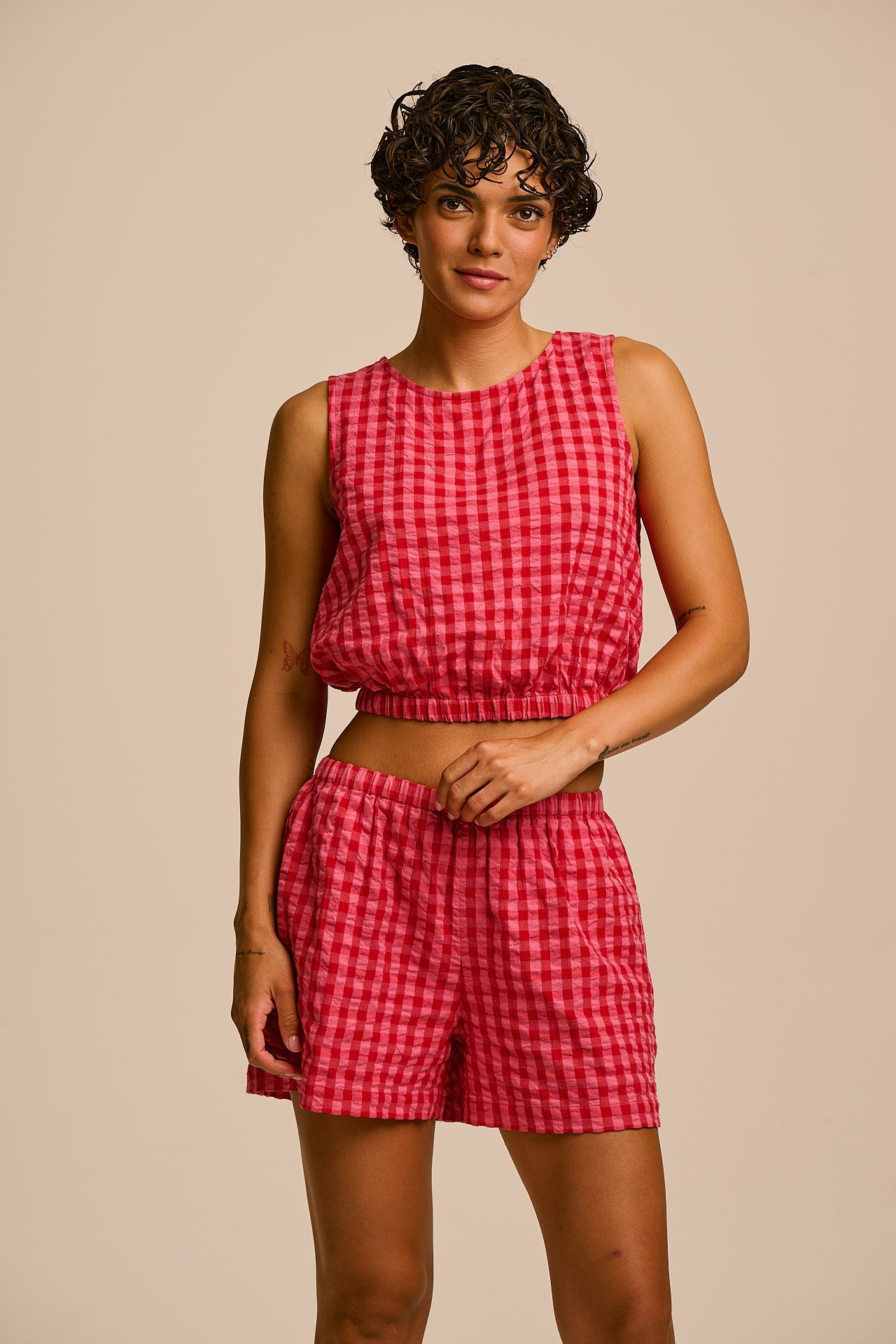 Lumi - Cotton Cropped Woven Top in Pink & Red Check