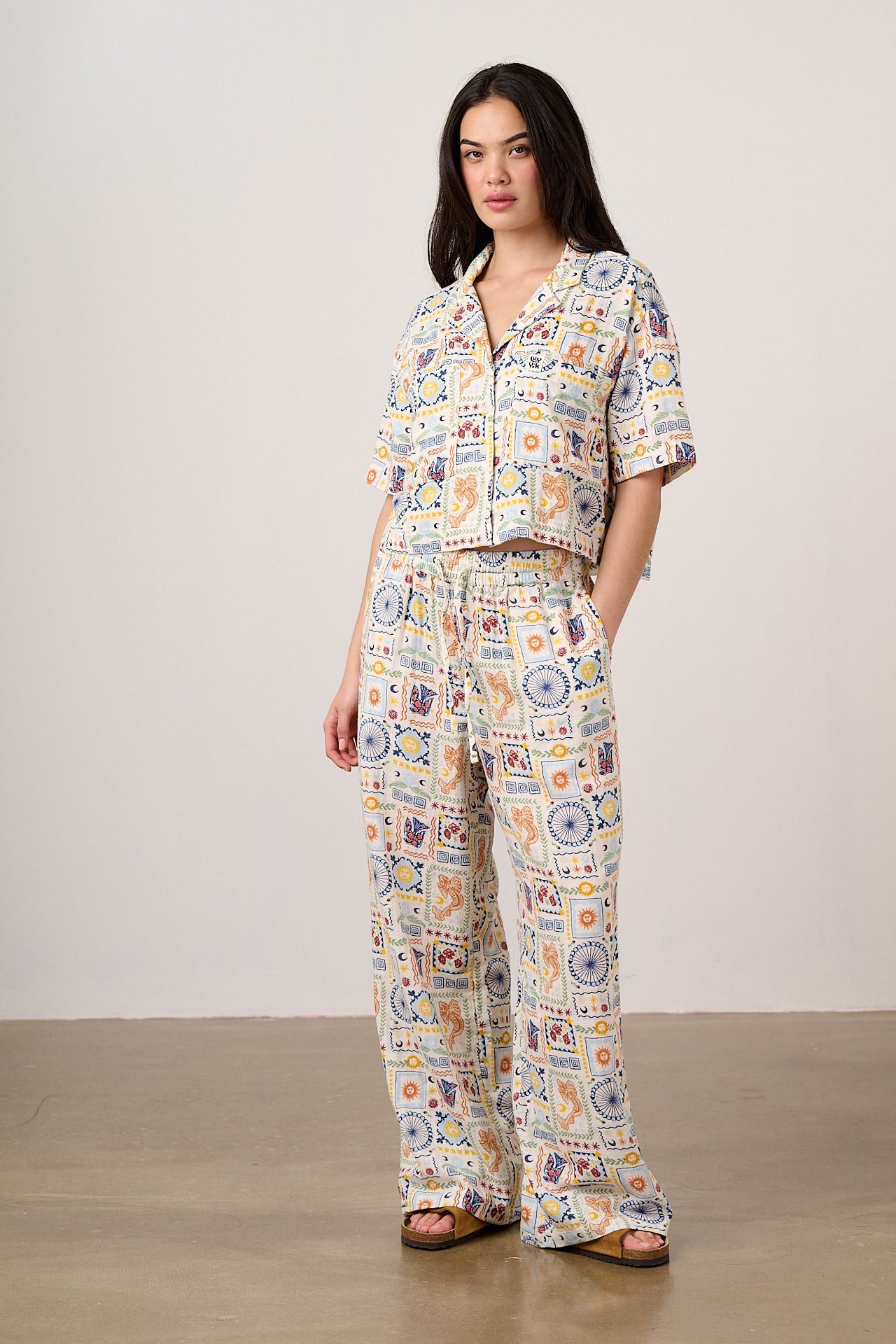 Alfie - Cotton Shirt in Ecru Cosmic Folk Tile