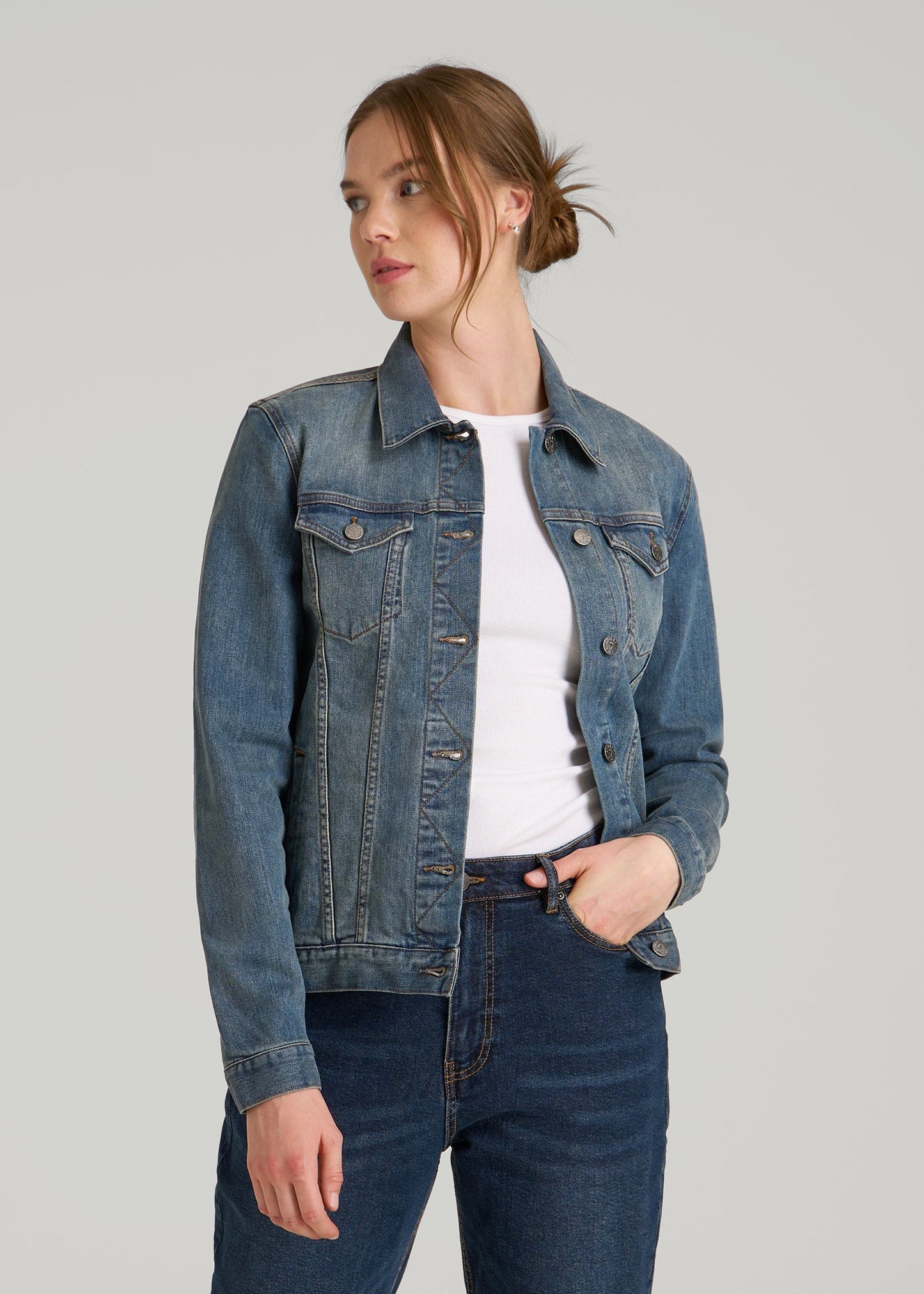 Denim Jacket for Tall Women in Vintage Medium Blue