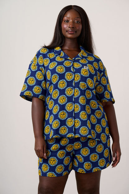 Cam - Cotton Shirt in Navy Cosmic Suns Print