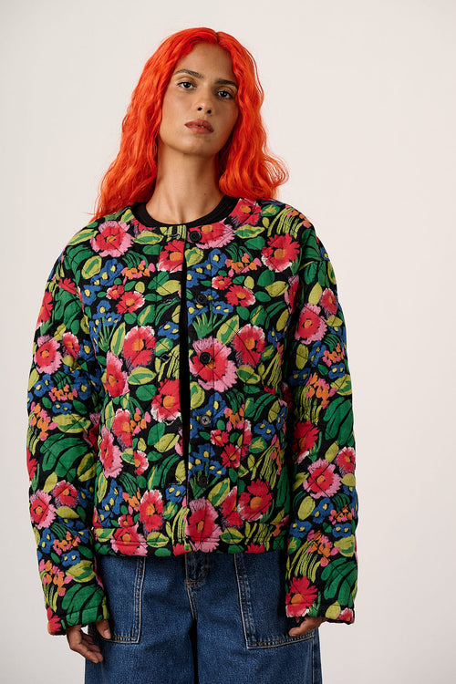 Cleo - Cotton Collarless Quilted Jacket in Black Marie Print