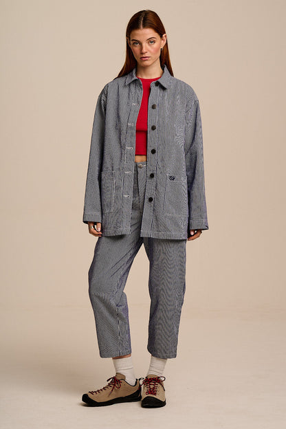 Drew - Cropped Straight Leg Cotton Trousers in Navy Stripe