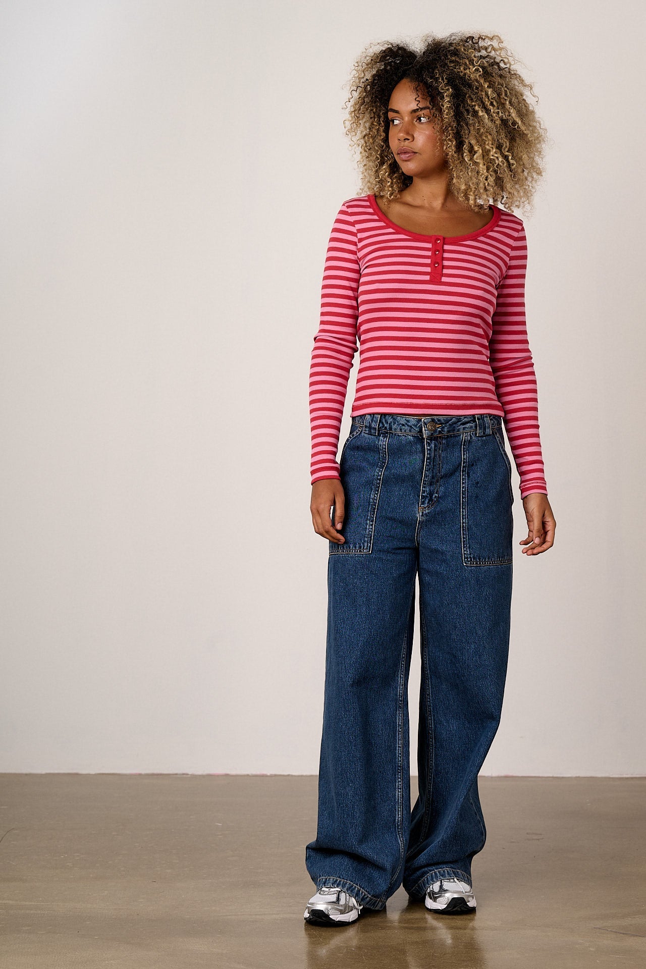 Lana - Cotton Long Sleeve Rib Top in Pink & Red Stripe