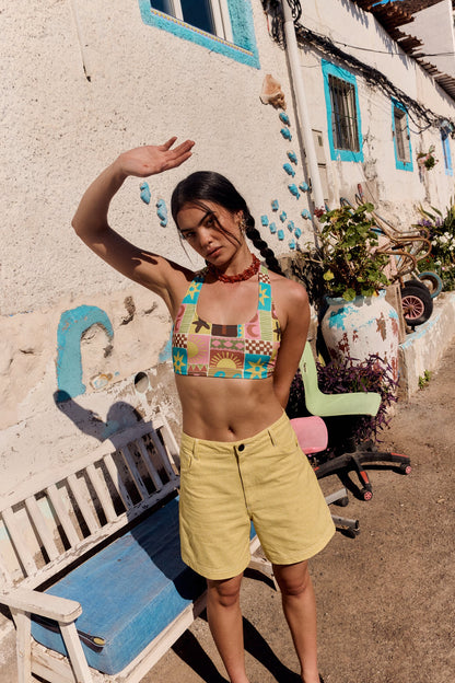 Lexi -  High Waist Cotton Shorts in Lemon Hickory Stripe