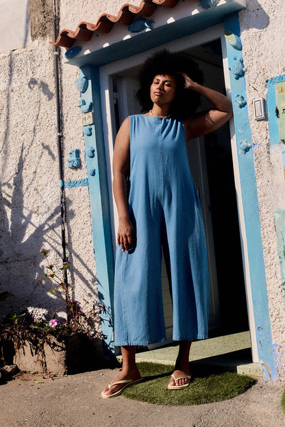 IMPERFECT - Tilda - Cotton Wide Leg Jumpsuit in Light Blue