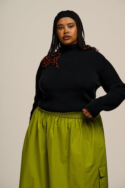 Eva - Knitted Roll Neck Long Sleeve Top in Black