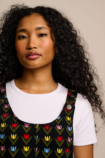 Layla - Mini Cotton Dress in Black Tulip Print