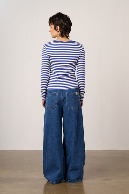 Remy - Ribbed Cotton Scoop Neck Long Sleeve Top in Blue & White Stripe