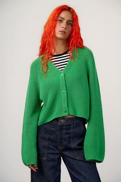 Robyn - V-Neck Cotton Cardigan in Kelly Green