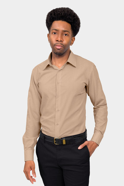 Men's Slim Fit Solid Color Dress Shirt (Beige)