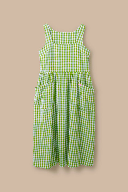 Florie - Cotton Midi Dress in Green & White Tulip Gingham