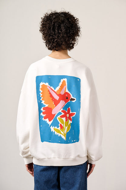 Sutton - Cotton Oversized Sweatshirt in Ecru Birds & Flower Tile